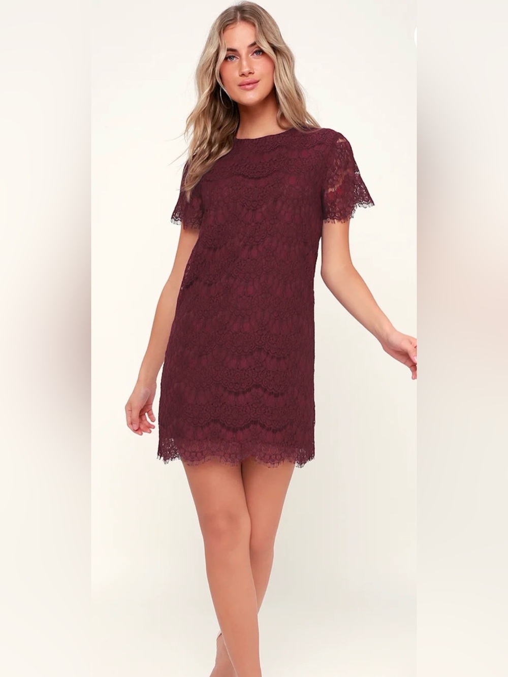 Lulus Take Me to Brunch Burgundy Lace Shift Dress NWT M